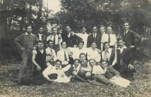 elegant men group photo forest scenery history real photo memory postcard