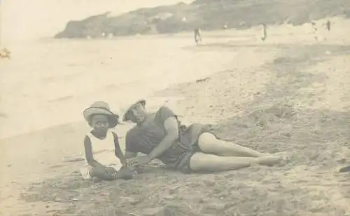 ethnic types mother and her young boy at the beach social history real photo memory postcard