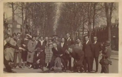 outdoor city scenery elegant women and men group photo history real photo memory post card