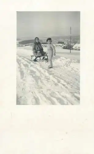 social history Post card Children and family groups portrait mother and sun sledding winter scenery