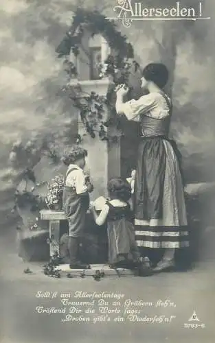 Postcard Children and family groups portrait ethnic types mother and children praying typical costumes