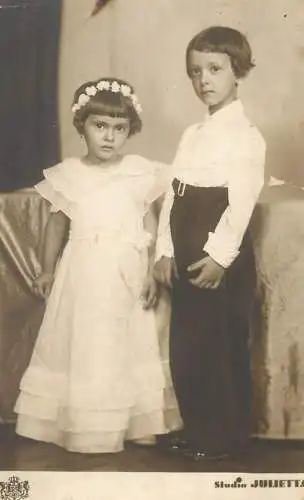 Postcard Children and family groups portrait elegant boy and girl brothers studio Julietta picture