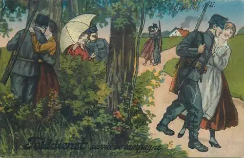 Military lovers couples 1922 postcard ( crease )
