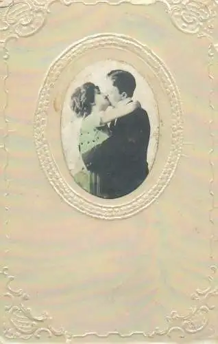 charming, elegant lovers couple romantic kiss embossed Post card