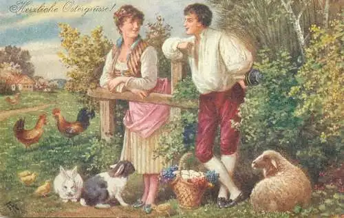 folk costumes ethnic types lovers couple Herzliche Ostergrusse Postcard