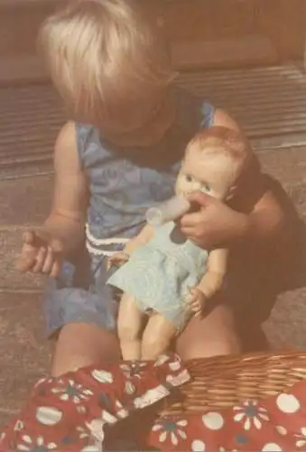 Postcard playing house little girl feeding doll childhood games