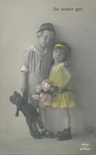 Postcard young boy and girl brothers with teddy bear