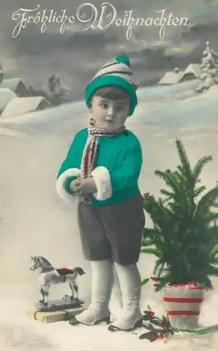Frohliche Weihnachten greetings Postcard young boy typical outfit