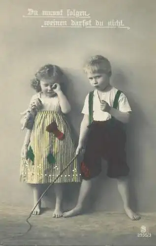 Postcard typical costumes ethnic types boy and girl brothers