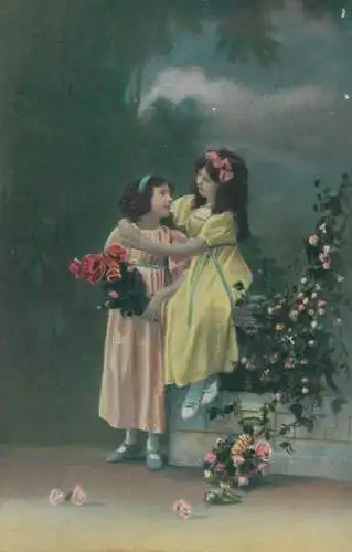 Postcard elegant, cute young girls illustration