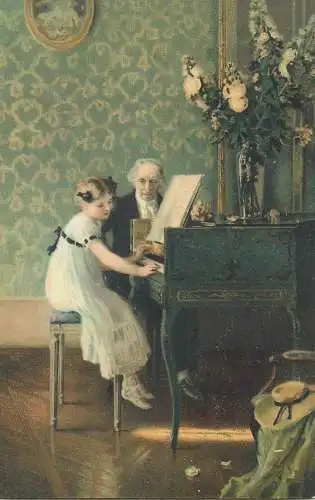 J. A. Muenier - la lecon de clavecin Stengel art postcard music topical