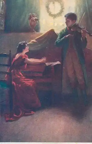 W. V. Bioney - Souvenirs piano & violin music musical duo vintage postcard