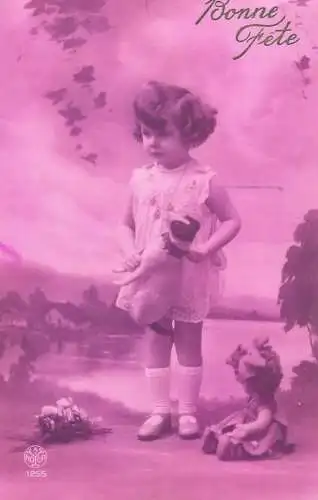 Postcard cute Birthday girl with doll and flower bouquet