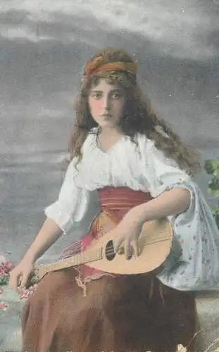 Mandolin beauty lady portrait music related vintage postcard