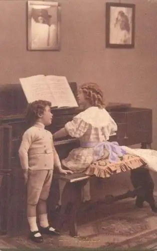 Children musical duo piano music scene postcard