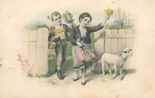 Easter greetings postcard drawn children couple & lamb 1919