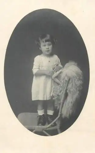 Children portrait vintage photo Postcard cute little girl standing on chair