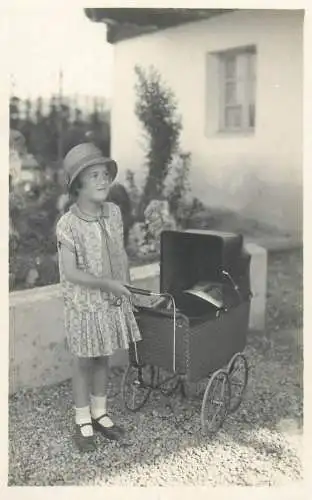 Children portrait vintage photo Postcard cute young girl with baby stroller
