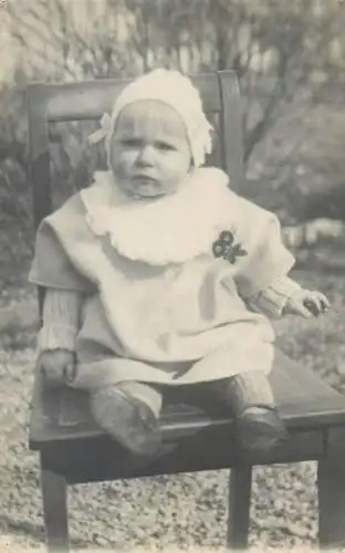 Children portrait vintage photo Postcard crying face cute baby chair sitting