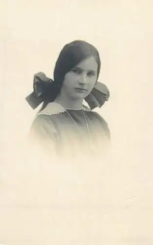 Children portrait vintage photo Postcard young girl giant ribbon hair ornament