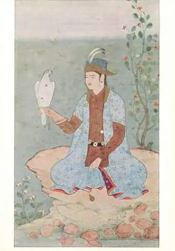 Post card India young man with a hawk Mughal school illustration