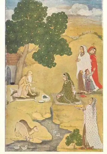 Post card India ethnic types and scenes women visiting a fakir Mughal painting around 1700