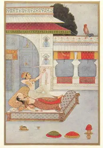 Postcard India ethnic types and scenes Der Hahnschrei Mughal painting around 1700