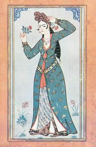 Postcard Turkish ethnic types typical costumes young woman miniature by Levni illustration