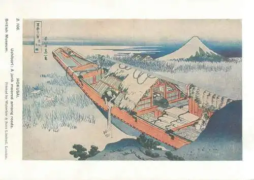 Postcard Japanese types and scenes pleasure Ushibori a junk moored among reeds Hokusai illustration