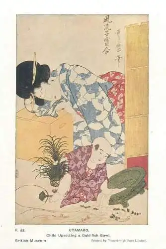 Post card Japanese ethnic types and scenes Child upsetting a goldfish in a bowl Utamaro illustration