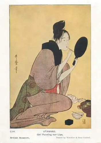 Postcard Japanese ethnic types girl painting her lips Utamaro illustration