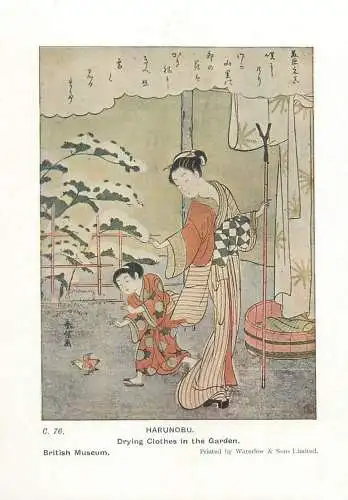 Postcard Japanese ethnic types Dying clothes in the garden Harunobu illustration