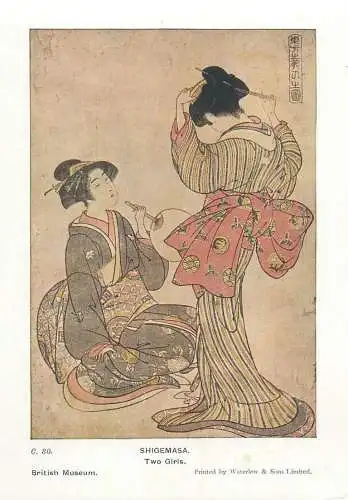 Postcard Japanese ethnic types typical costumes two girls Shigemasa illustration