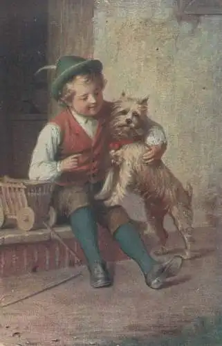 Postcard folk ethnic types young boy with dog typical costume