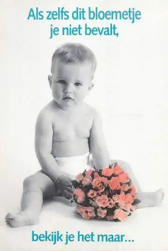 Postcard funny children types picture toddler with roses bouquet