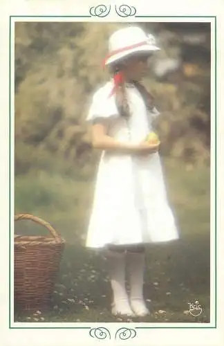 Postcard white dress cute young girl fancy hat