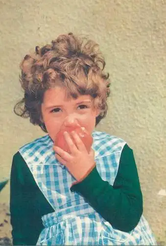 Postcard school uniform young girl eating apple
