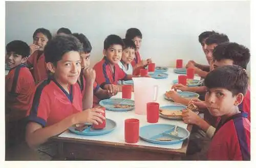 Postcard school children types at the canteen restaurant