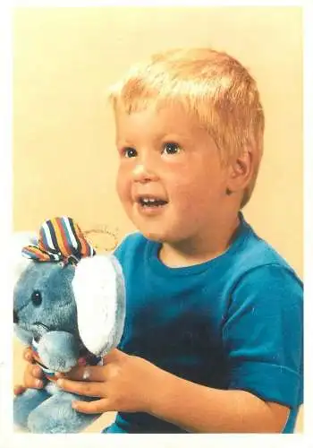 Postcard children types young boy with stuffed mouse toy