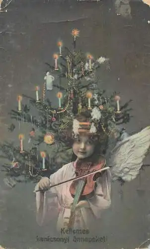 Lovely angel girl with violin Christmas tree greetings postcard Hungary 1915