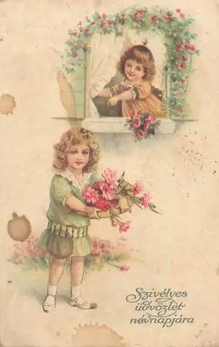 Lovely drawn girls greetings postcard 1932 Hungary