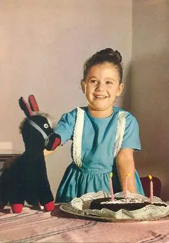 Postcard children types young birthday girl candle cake donkey toy gift