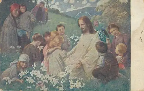 Jesus Christ & children old postcard