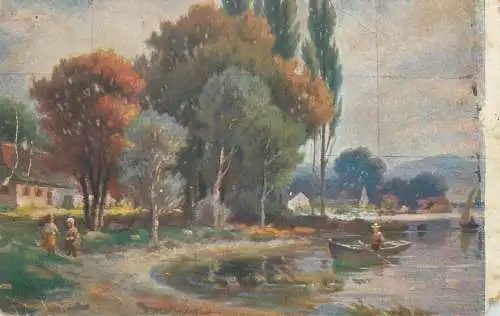 Landscape with trees boat & pond lake old postcard