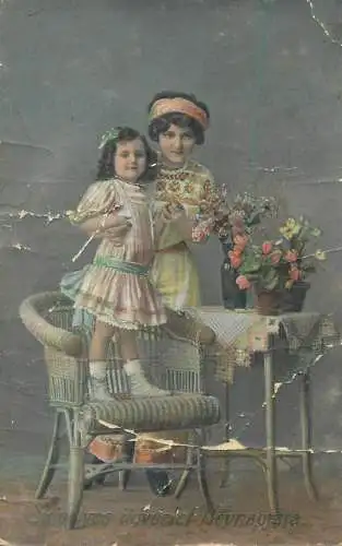 Cute girl & lady greetings damaged postcard