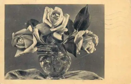 Roses vase greetings postcard 1958 Hungary