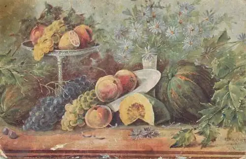 Still life with fruits pumpkin grapes peaches flowers