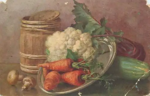 Still life with vegetables mushrooms & carrots cauliflower