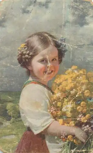 Cute girl with flowers damaged postcard