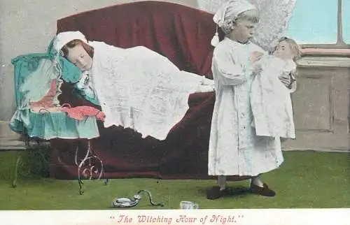 The Witching Hour of night girls & doll old postcard